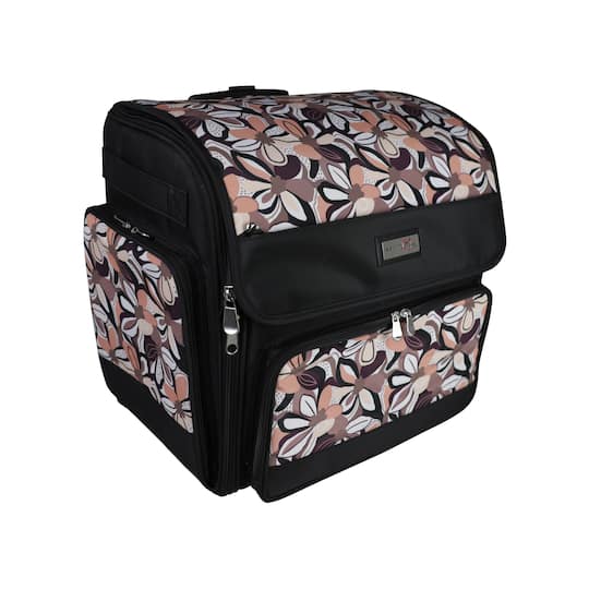 Everything Mary Deluxe Collapsible Rolling Craft Bag, Brown Floral - Scrapbook Tote Bag with Wheels for Scrapbooking & Art - Travel Organizer Storage